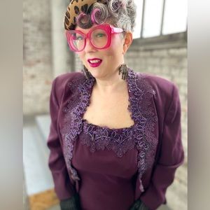 Vintage Plus Size Blazer and Dress Set with Beaded, Sequence Detailing